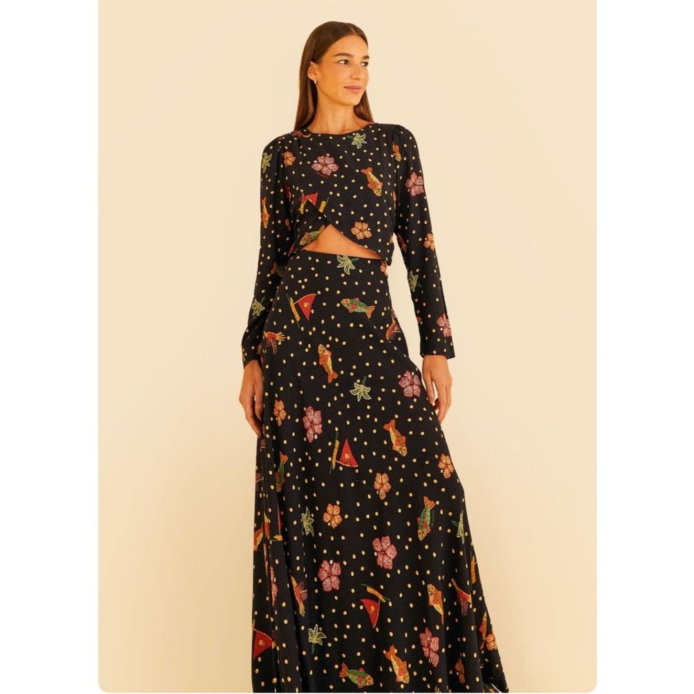 FARM Rio Riqueza Tropical Cutout Maxi Dress Polka Dot Fish Floral Tropical Large